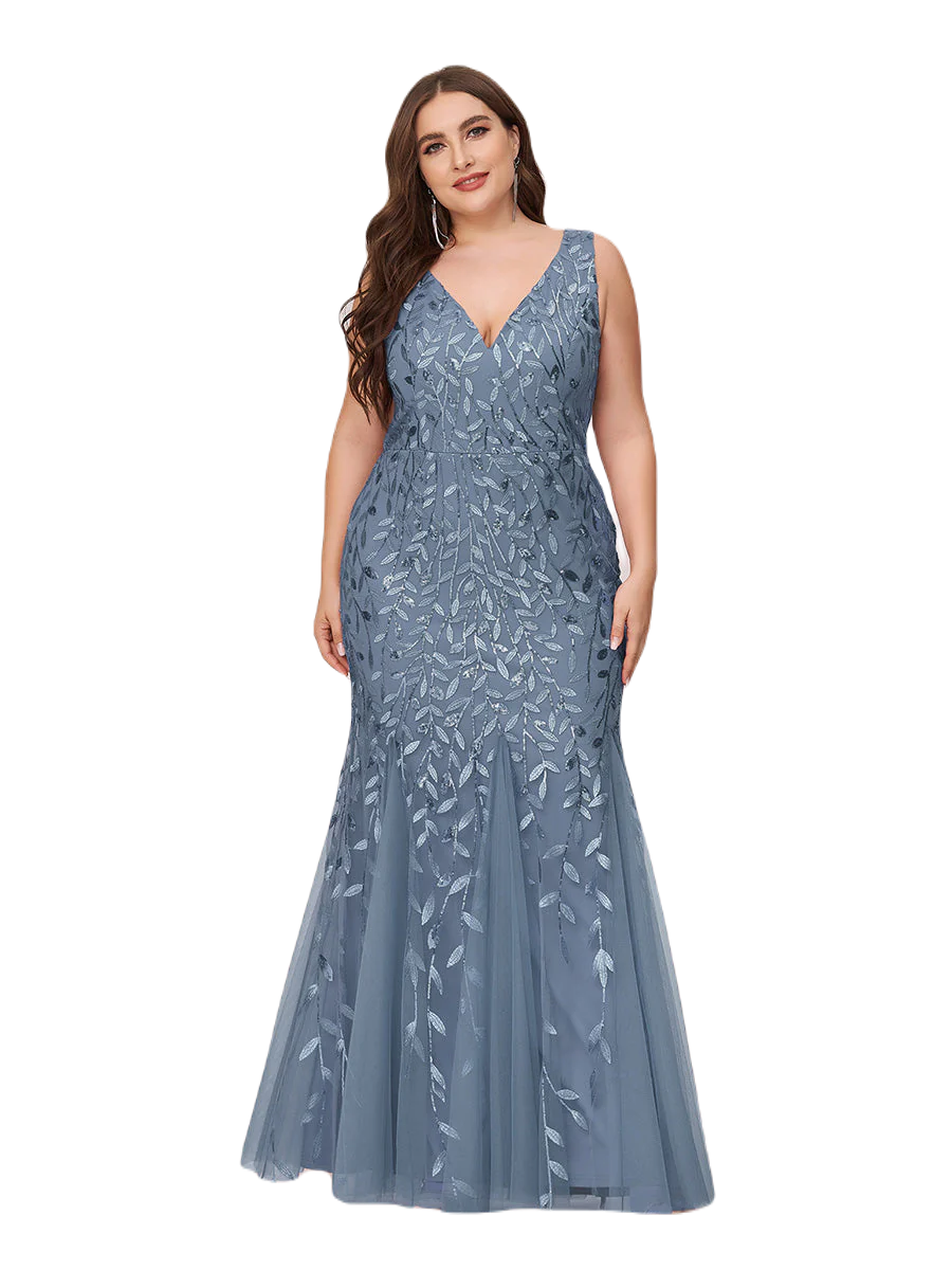 Vestido Elegante de Fiesta Largo Curvy Azul Acero Sirena Lentejuela Sin Manga T.Ch y Tallas Extra