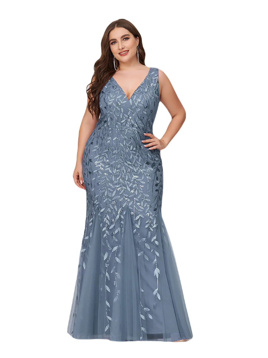 Vestido Elegante de Fiesta Largo Curvy Azul Acero Sirena Lentejuela Sin Manga T.Ch y Tallas Extra