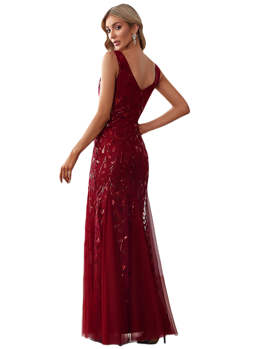 Vestido Elegante de Fiesta Largo Curvy Guinda Vino Sirena Lentejuela Sin Manga T.Ch y Tallas Extra