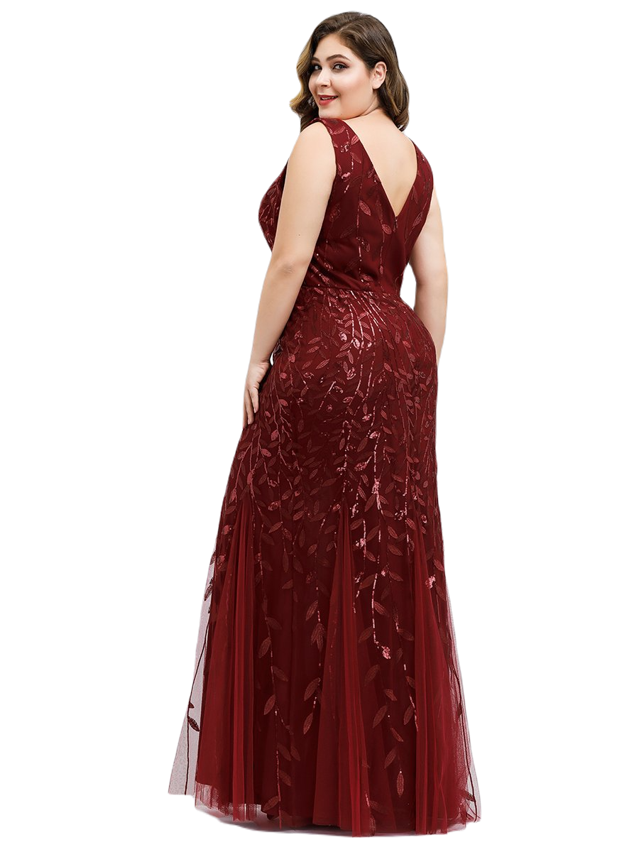 Vestido Elegante de Fiesta Largo Curvy Guinda Vino Sirena Lentejuela Sin Manga T.Ch y Tallas Extra