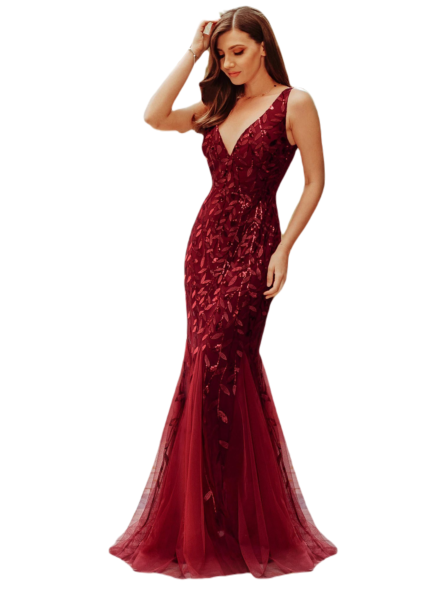 Vestido Elegante de Fiesta Largo Curvy Guinda Vino Sirena Lentejuela Sin Manga T.Ch y Tallas Extra