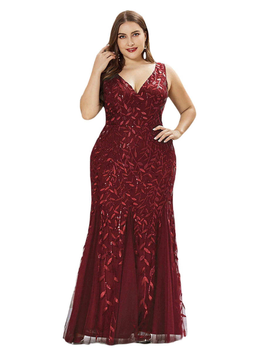 Vestido Elegante de Fiesta Largo Curvy Guinda Vino Sirena Lentejuela Sin Manga T.Ch y Tallas Extra