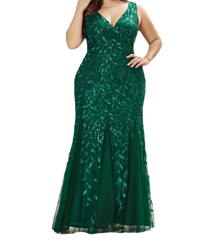 Vestido Elegante de Fiesta Largo Curvy Verde Esmeralda Sirena Lentejuela Sin Manga T.Ch y Tallas Extra