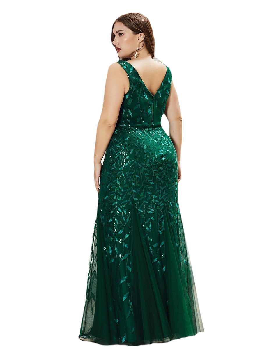Vestido Elegante de Fiesta Largo Curvy Verde Esmeralda Sirena Lentejuela Sin Manga T.Ch y Tallas Extra