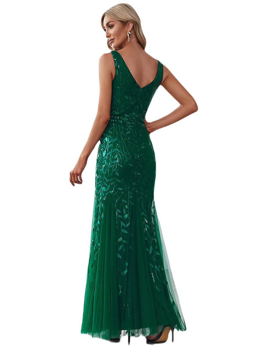 Vestido Elegante de Fiesta Largo Curvy Verde Esmeralda Sirena Lentejuela Sin Manga T.Ch y Tallas Extra