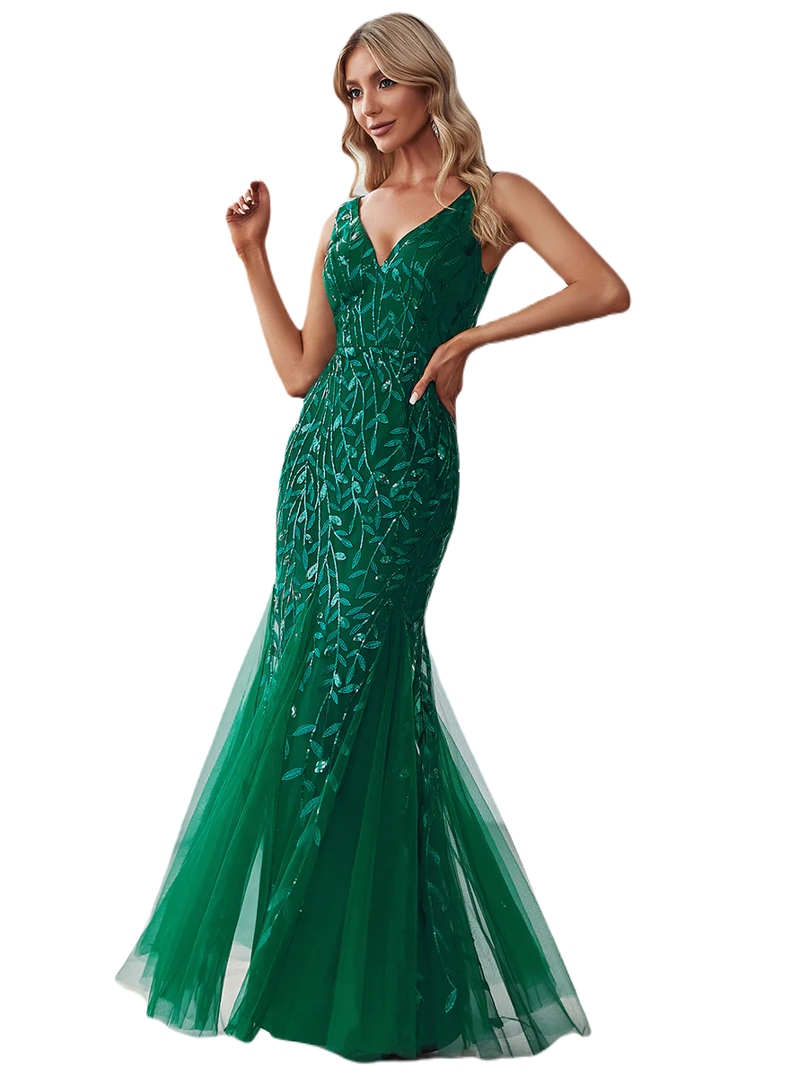 Vestido Elegante de Fiesta Largo Curvy Verde Esmeralda Sirena Lentejuela Sin Manga T.Ch y Tallas Extra
