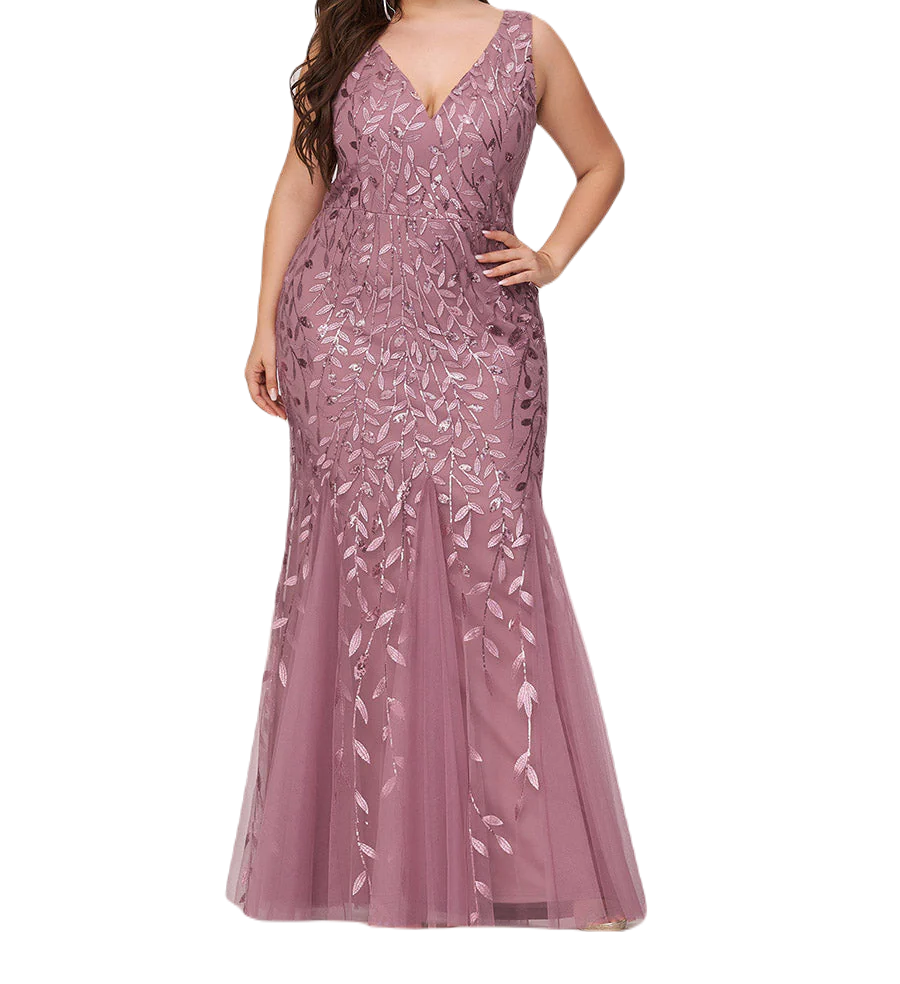 Vestido Elegante de Fiesta Largo Curvy Mauve Lila Sirena Lentejuela Sin Manga T.Ch y Tallas Extra