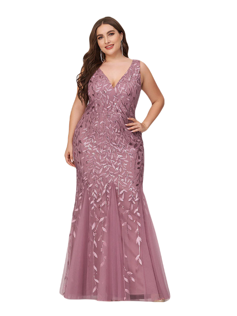 Vestido Elegante de Fiesta Largo Curvy Mauve Lila Sirena Lentejuela Sin Manga T.Ch y Tallas Extra