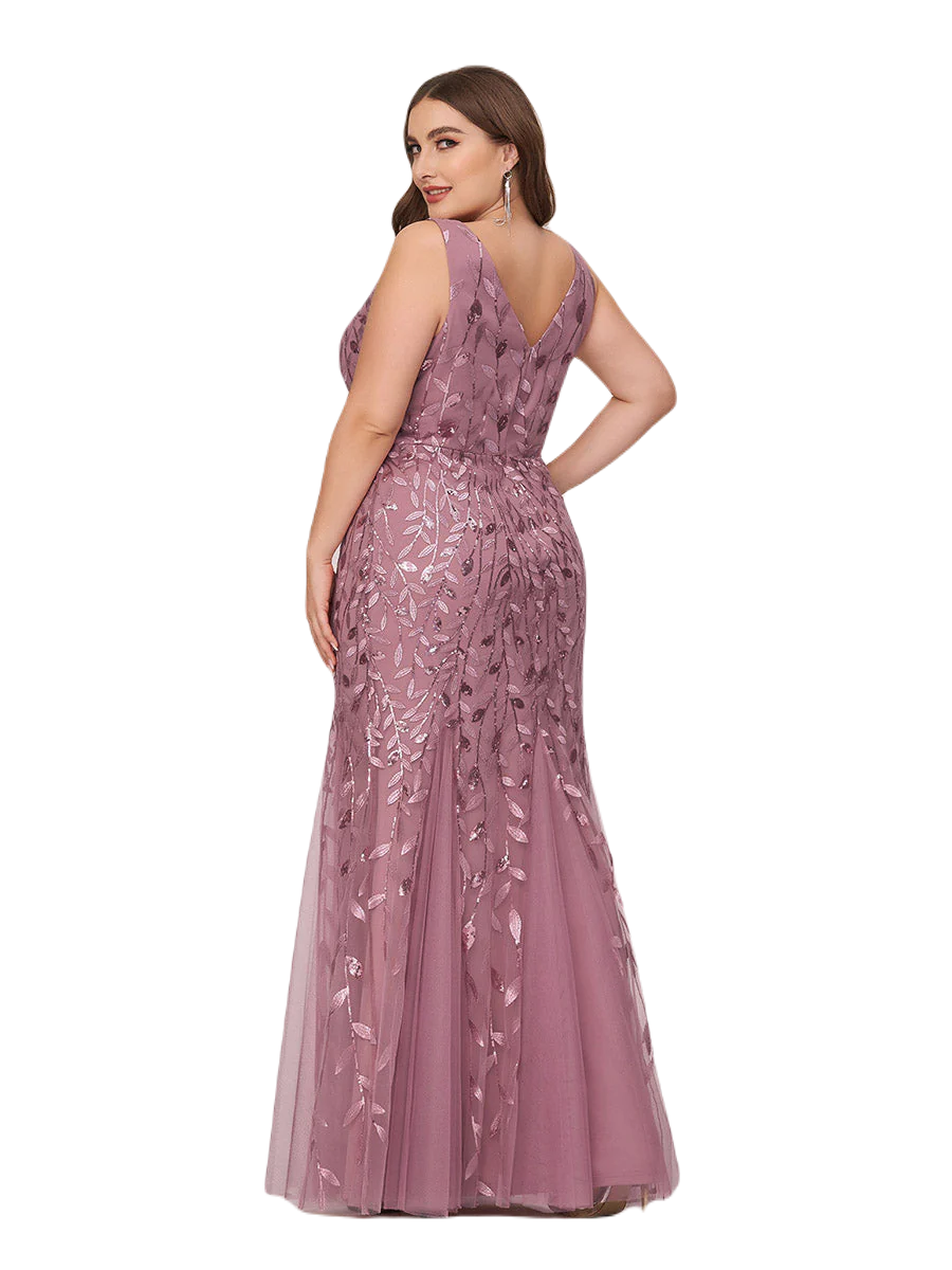 Vestido Elegante de Fiesta Largo Curvy Mauve Lila Sirena Lentejuela Sin Manga T.Ch y Tallas Extra