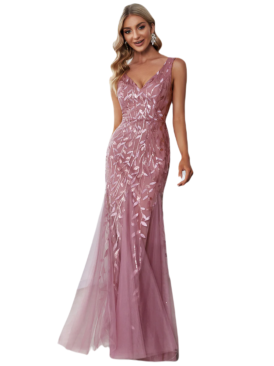 Vestido Elegante de Fiesta Largo Curvy Mauve Lila Sirena Lentejuela Sin Manga T.Ch y Tallas Extra
