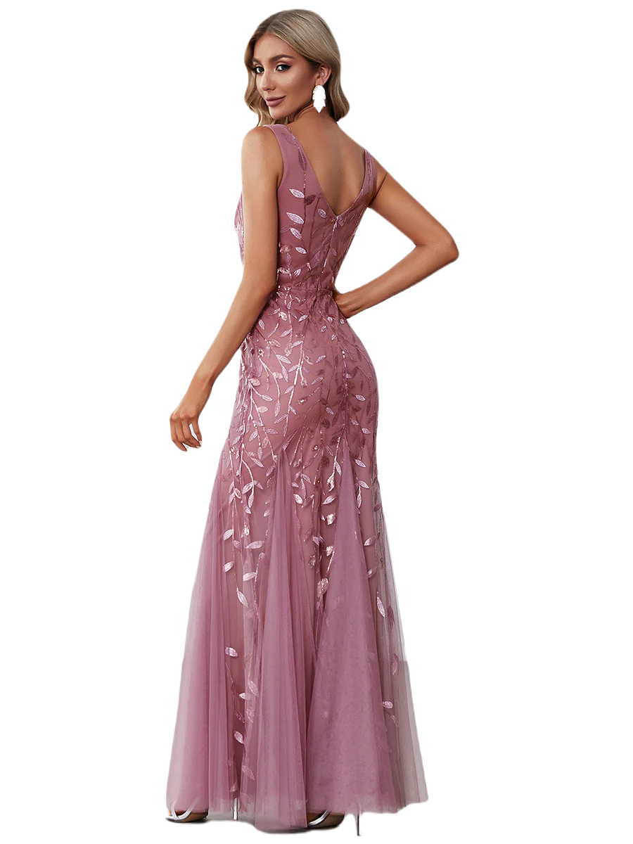 Vestido Elegante de Fiesta Largo Curvy Mauve Lila Sirena Lentejuela Sin Manga T.Ch y Tallas Extra
