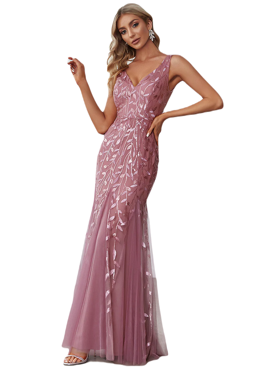 Vestido Elegante de Fiesta Largo Curvy Mauve Lila Sirena Lentejuela Sin Manga T.Ch y Tallas Extra