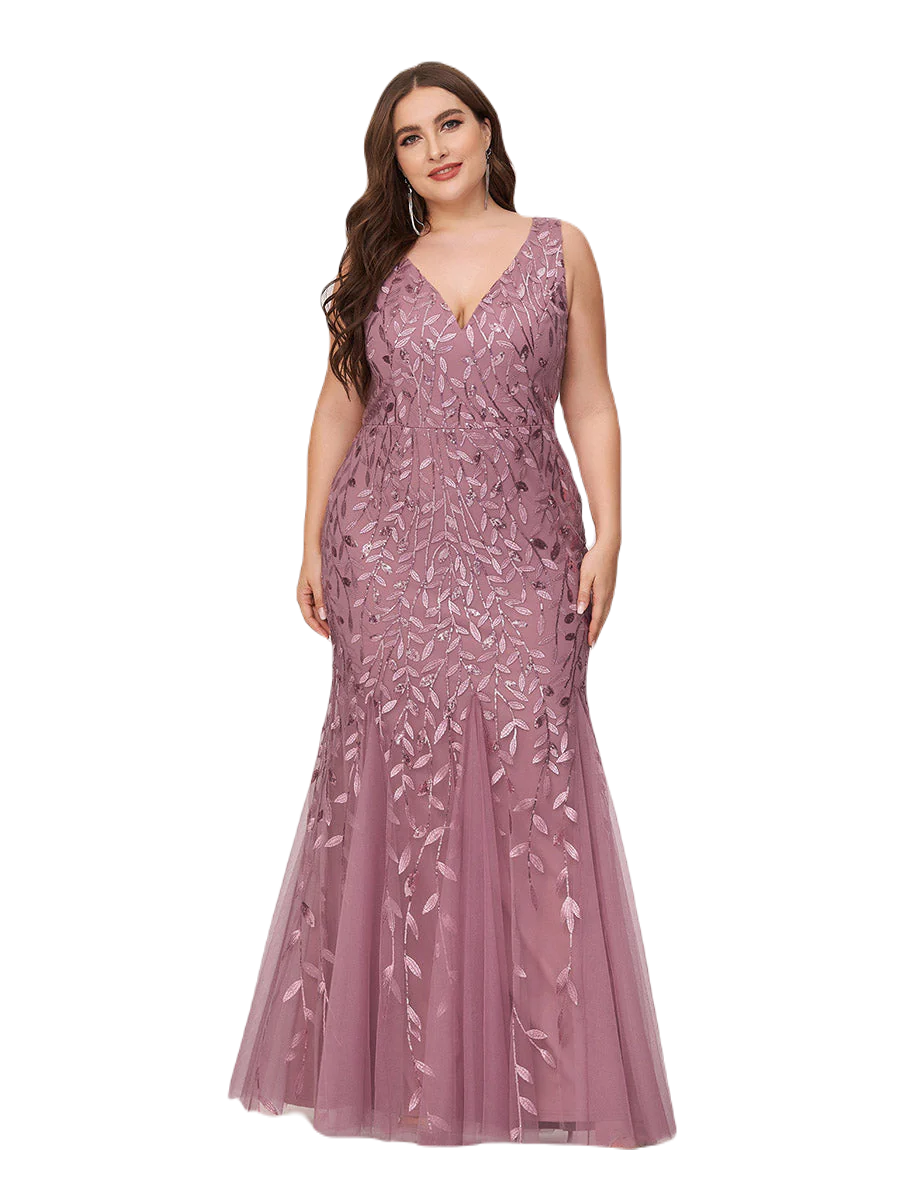 Vestido Elegante de Fiesta Largo Curvy Mauve Lila Sirena Lentejuela Sin Manga T.Ch y Tallas Extra