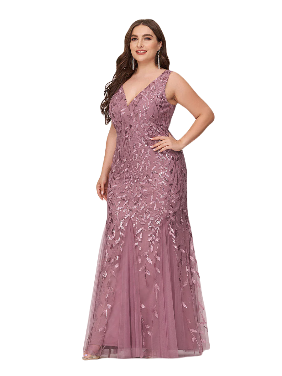 Vestido Elegante de Fiesta Largo Curvy Mauve Lila Sirena Lentejuela Sin Manga T.Ch y Tallas Extra