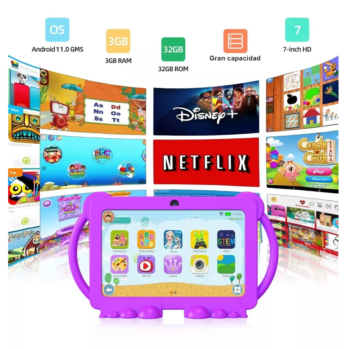 Tablet Para Niños 7 Pulgadas 3gb 32gb Tableta Con Fund Violeta