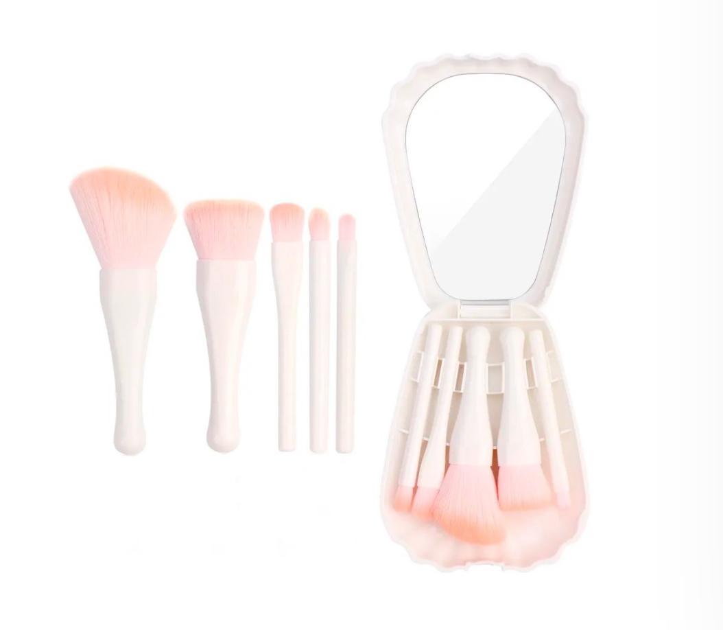 Set De Brochas Para Maquillaje Con Espejo Estuche Concha blanco