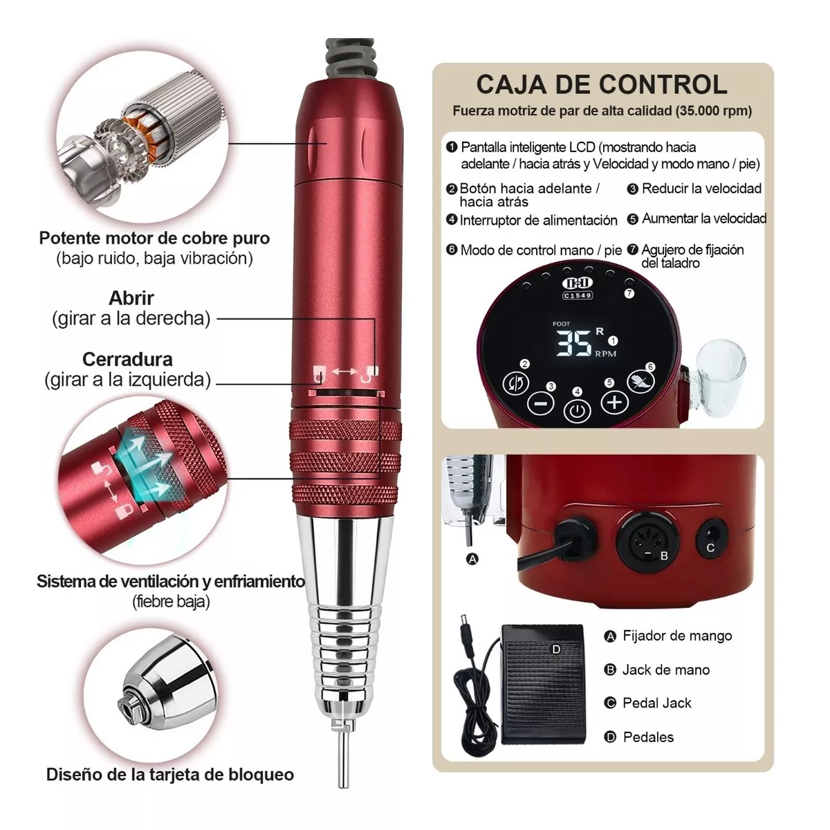 Pulidora De Uñas Drill Profesional Taladro De Uñas 35000rpm Rojo