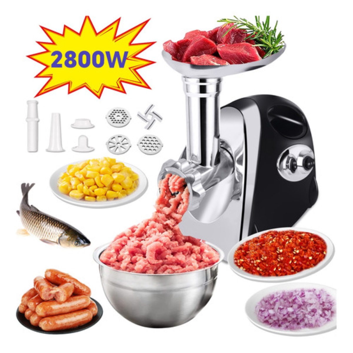 Picadora De Carne Eléctrica Para Hacer Salchichas 2800w Negro con Plata