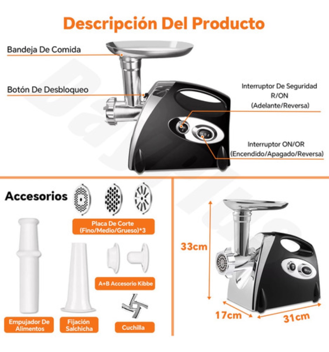 Picadora De Carne Eléctrica Para Hacer Salchichas 2800w Negro con Plata
