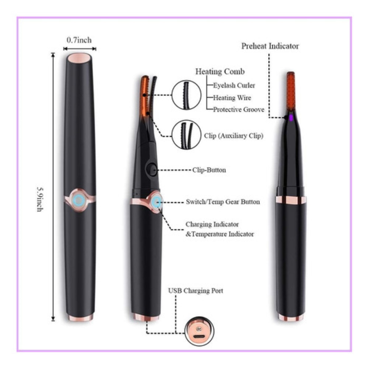 Rizador Enchinador De Pestañas Eléctrico Térmico Carga Usb Negro