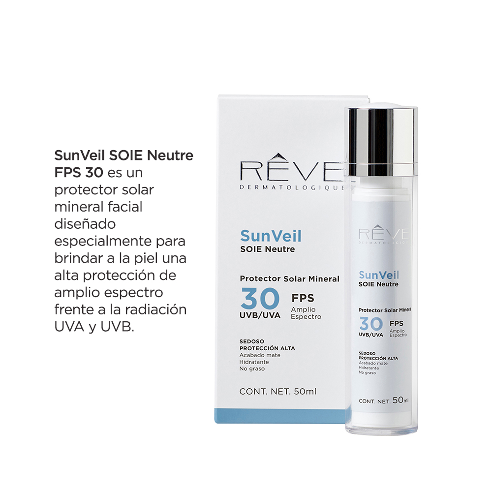 Reve Dermatologique -  SunVeil SOIE Neutre FPS 30  - Protector Solar Mineral - textura sedorsa - Matificador - Evaluada clínicamente - 50 ml