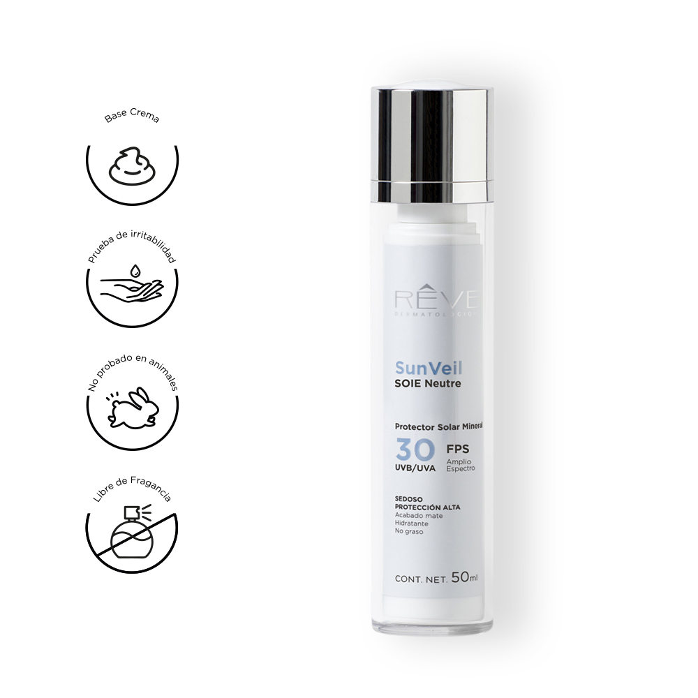 Reve Dermatologique -  SunVeil SOIE Neutre FPS 30  - Protector Solar Mineral - textura sedorsa - Matificador - Evaluada clínicamente - 50 ml