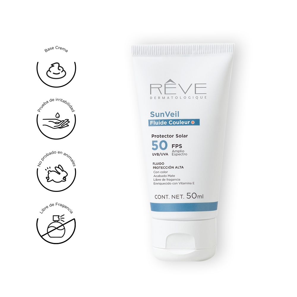 Reve Dermatologique - SunVeil Fluide Couleur FPS 50 - Protector Solar - Amplio espectro frente a la radiación UVA y UVB - Vitamina E - 50 ml
