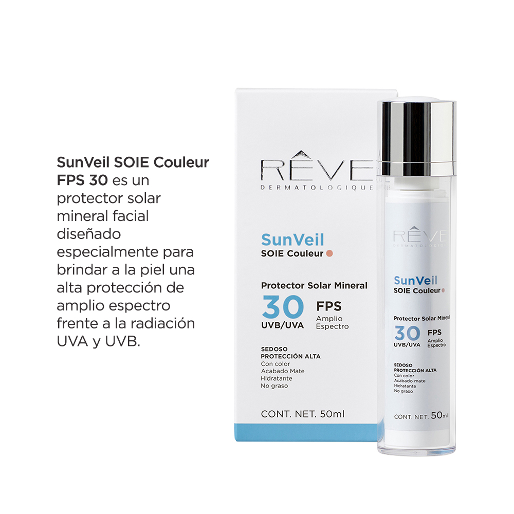 Reve Dermatologique -  SunVeil SOIE Couleur FPS 30  - Protector Solar Mineral - textura sedorsa - matificador - Evaluada clínicamente - 50 ml