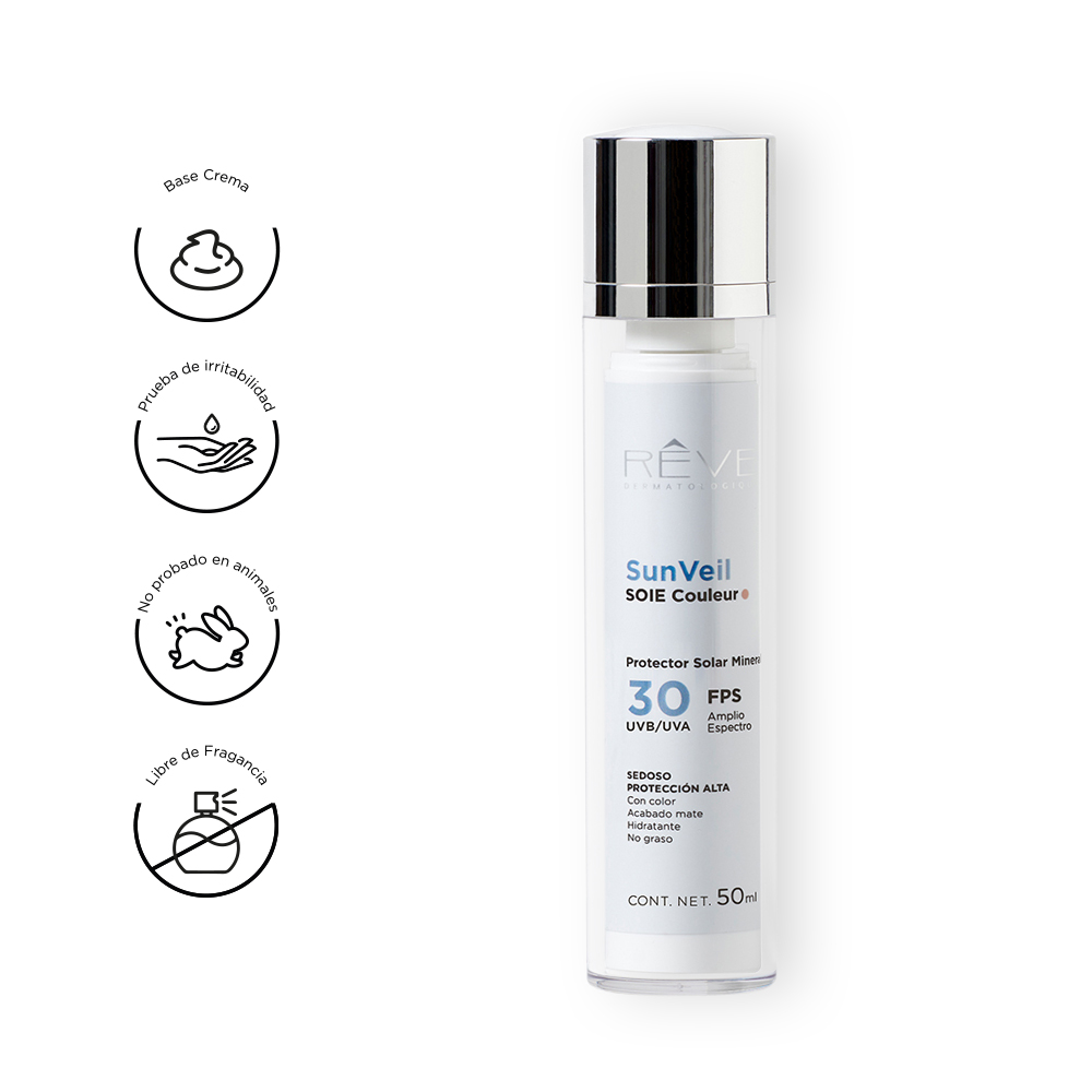 Reve Dermatologique -  SunVeil SOIE Couleur FPS 30  - Protector Solar Mineral - textura sedorsa - matificador - Evaluada clínicamente - 50 ml