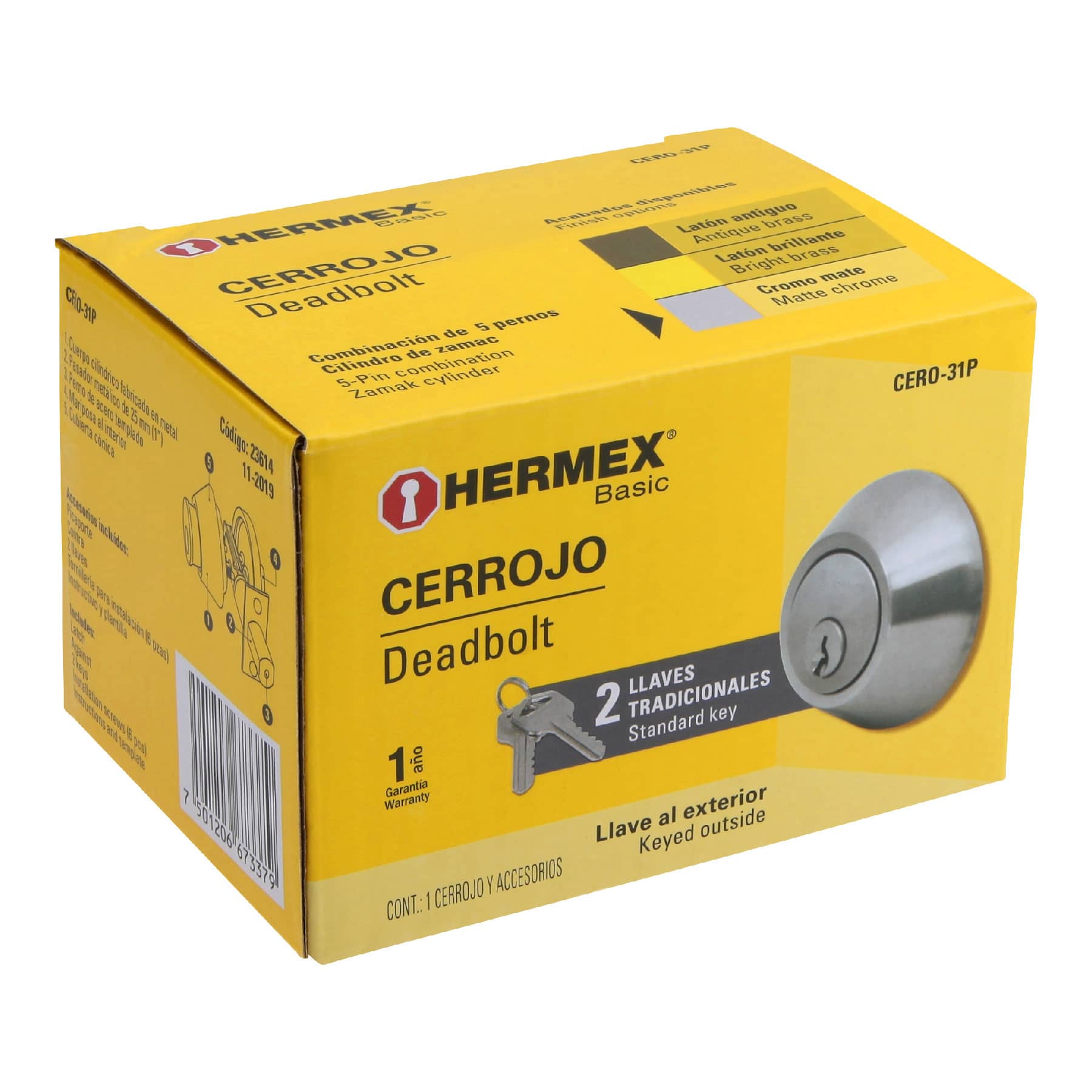 CERROJO LLAVE-MARIPOSA CROMO MATE, LLAVE TRADICIONAL, HERMEX 23614