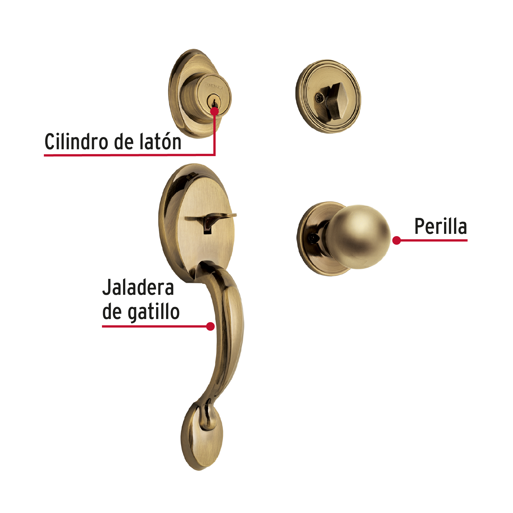 JALADERA, PERILLA Y CERROJO MARIPOSA, LATÓN ANTIGUO, HERMEX 23673