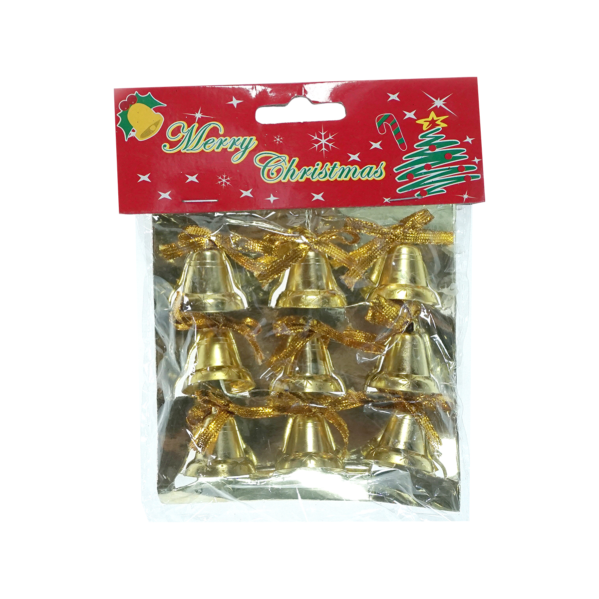 Campana Navideña colgante para arbol navidad dorada 9 pz 