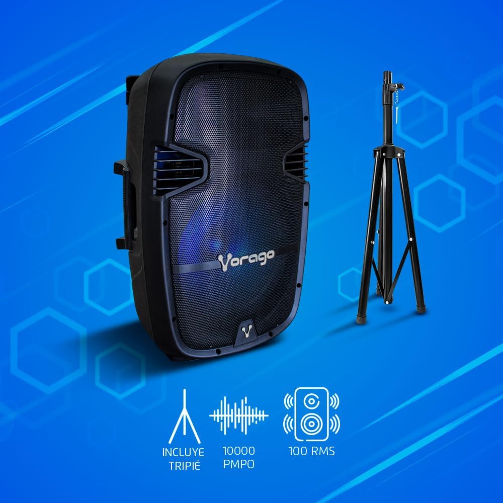 BOCINA KARAOKE VORAGO BT KSP-500 NEGRO 2 MICROFONOS RECARGABLE C/TRIPIE