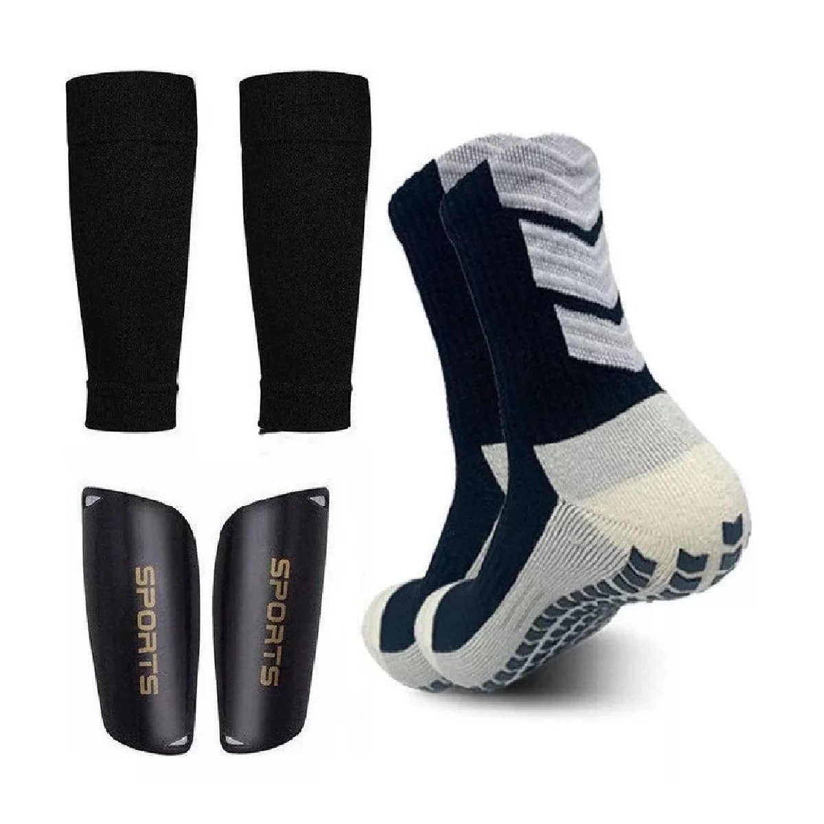 Set Espinilleras. Calcetines Antideslizantes, Fútbol Adulto, Negro