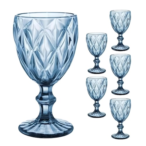 Juego 6 Copas Vino Agua Cristal Labrado Vidrio Color Vintage azul