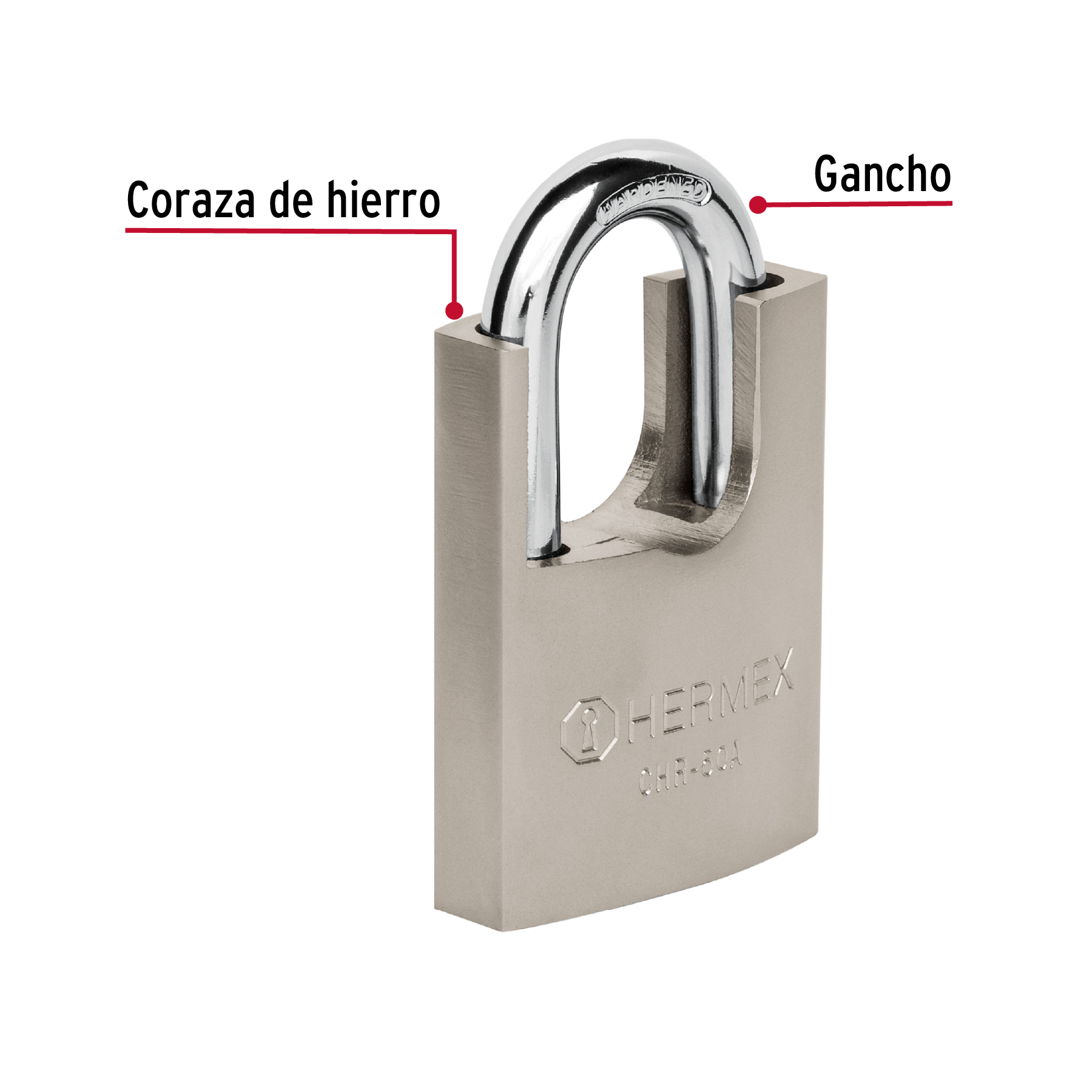 CANDADO DE HIERRO 50 MM CON CORAZA, LLAVE ANTI-GANZÚA HERMEX 43313