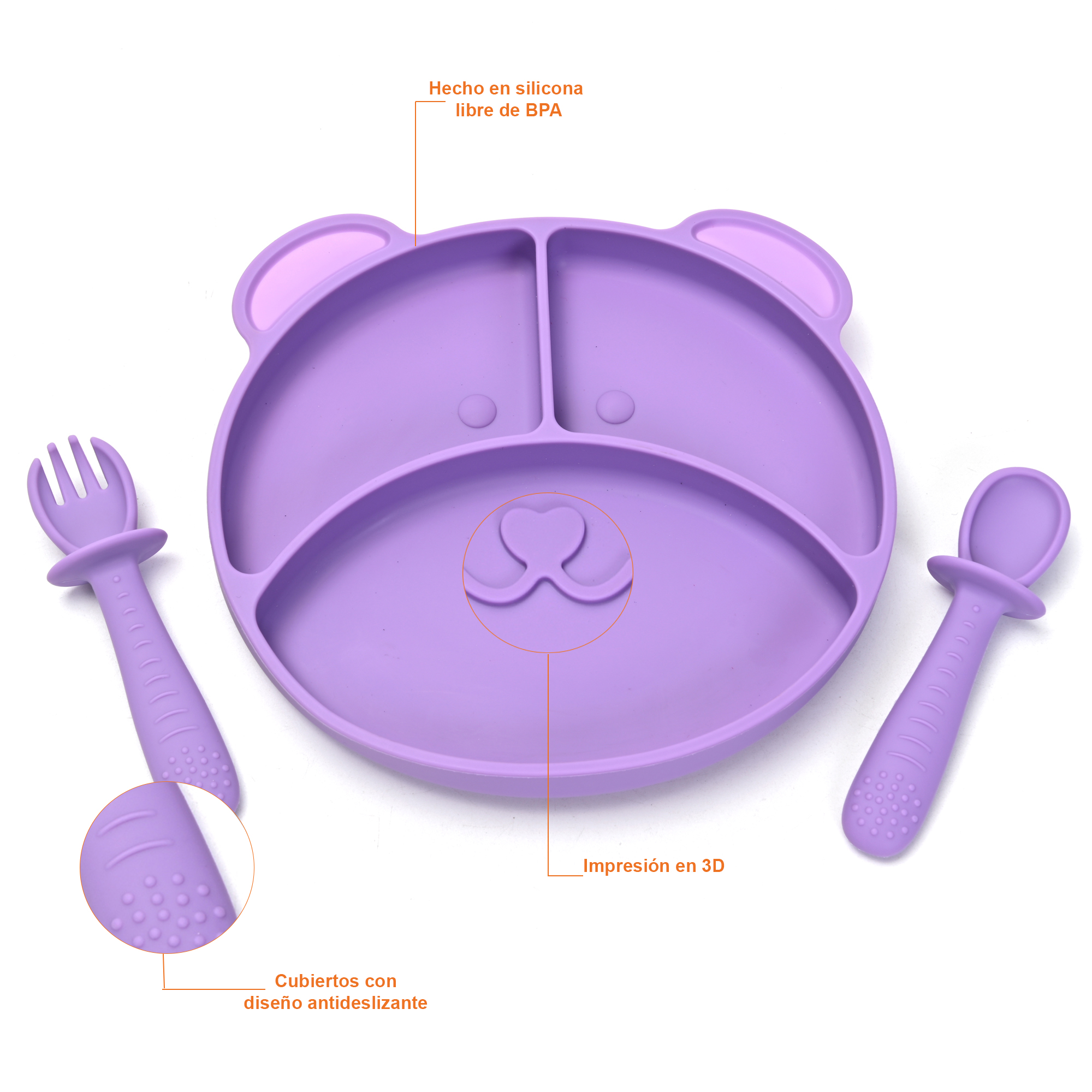Plato para Bebé con 3 Divisiones y Cubiertos en Silicona Libre de BPA