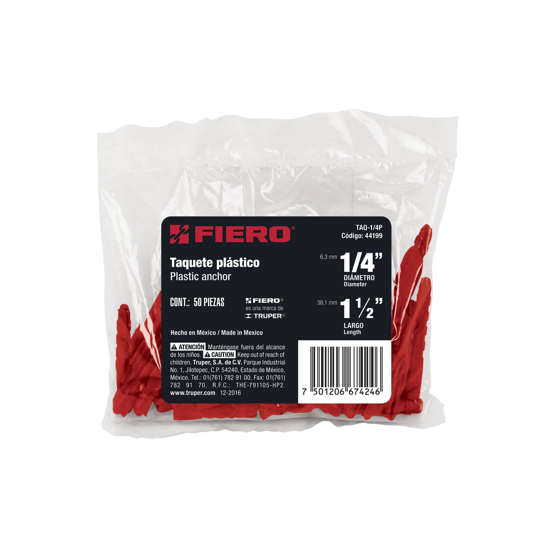 BOLSA CON 50 TAQUETES DE PLÁSTICO 1/4", FIERO 44199