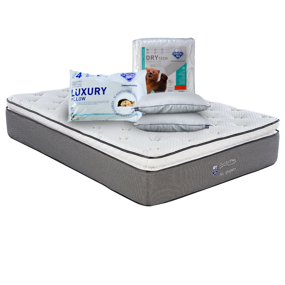 Colchon Spring Air Queen Size Bio Intensity + 2 Almohada Luxury + 1 Protector Dry Tech