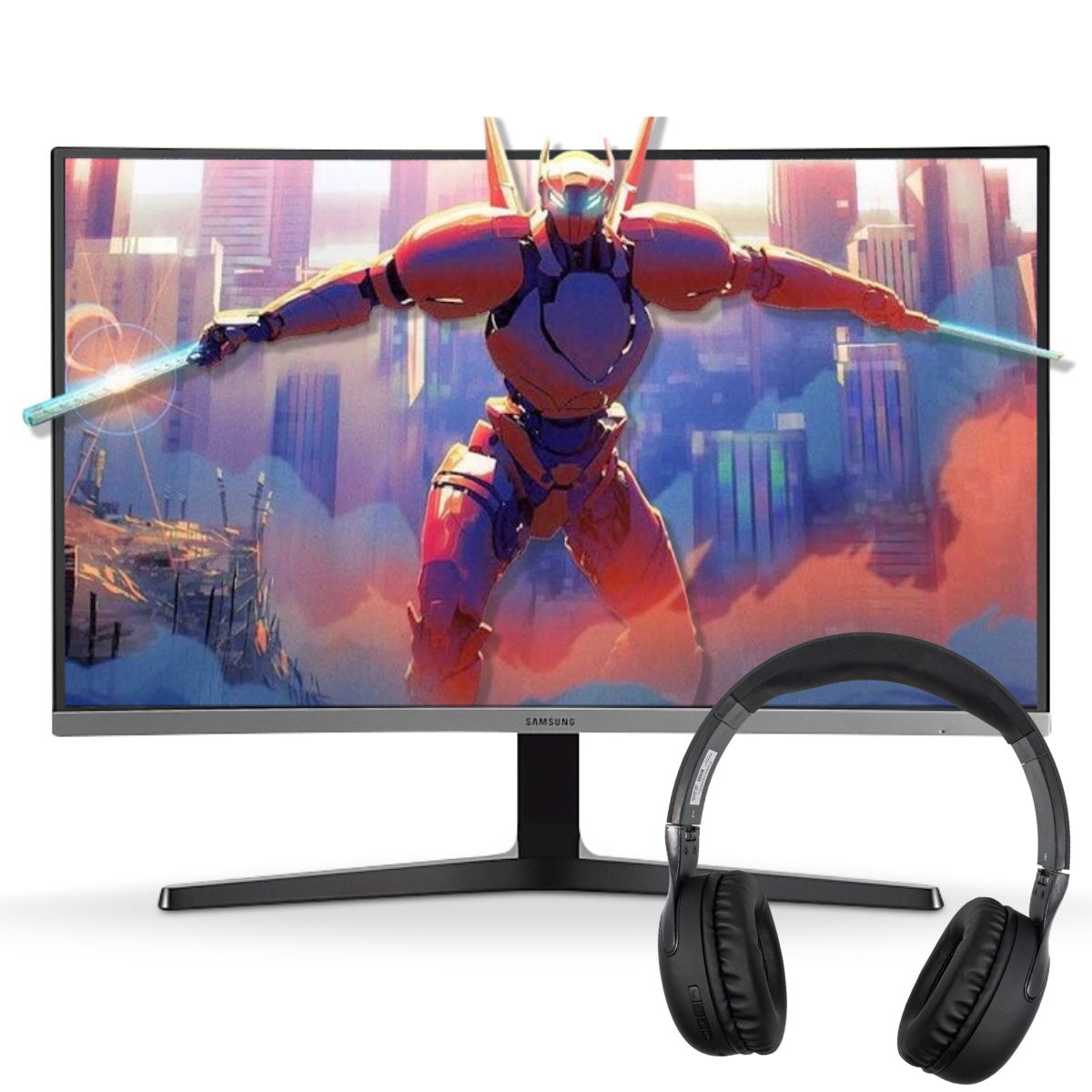 Combo Monitor Samsung LC32R 32Pulg FHD Curvo Led AMD Freesync 75hz Inclinable Black + Audìfonos