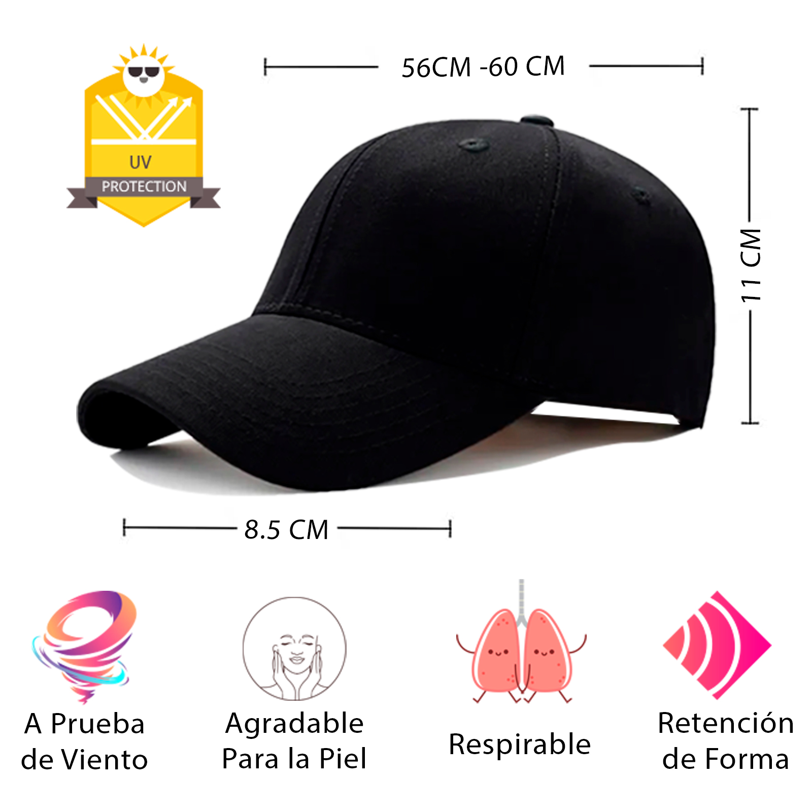 Gorra Ajustable Blanco, Color Liso, Beisbol, Sombrero, Tennis, Correr, Fitness, Uso Diario.