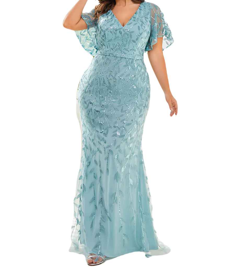 Vestido Elegante de Fiesta Largo Curvy Turquesa Dusty Sirena Lentejuela Manga Corta Cuello V T.Ch y Tallas Extra