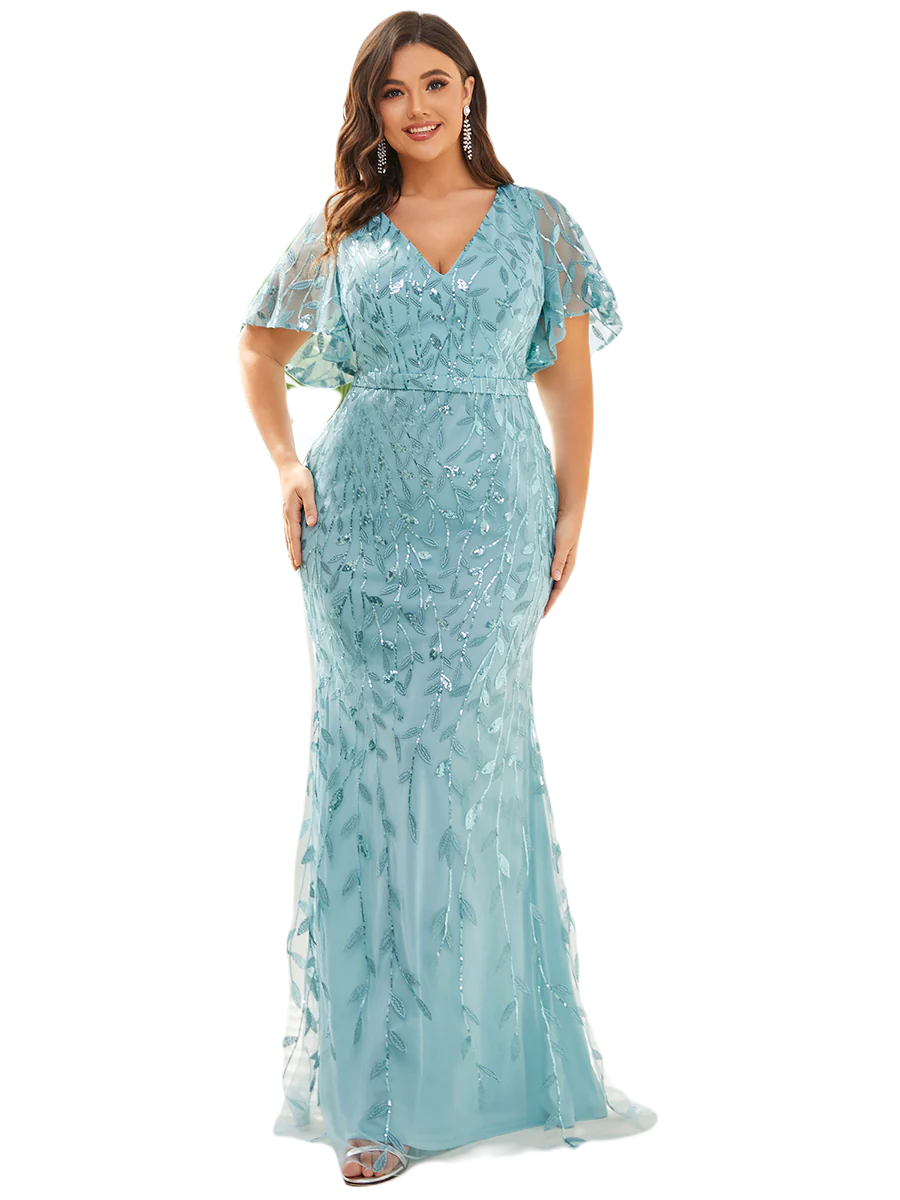 Vestido Elegante de Fiesta Largo Curvy Turquesa Dusty Sirena Lentejuela Manga Corta Cuello V T.Ch y Tallas Extra
