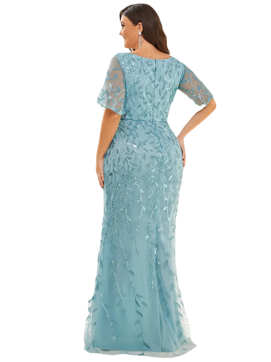 Vestido Elegante de Fiesta Largo Curvy Turquesa Dusty Sirena Lentejuela Manga Corta Cuello V T.Ch y Tallas Extra