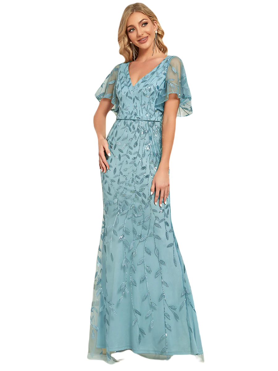 Vestido Elegante de Fiesta Largo Curvy Turquesa Dusty Sirena Lentejuela Manga Corta Cuello V T.Ch y Tallas Extra