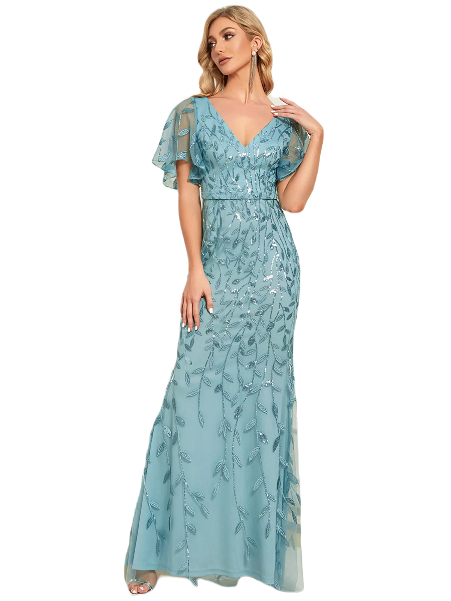 Vestido Elegante de Fiesta Largo Curvy Turquesa Dusty Sirena Lentejuela Manga Corta Cuello V T.Ch y Tallas Extra