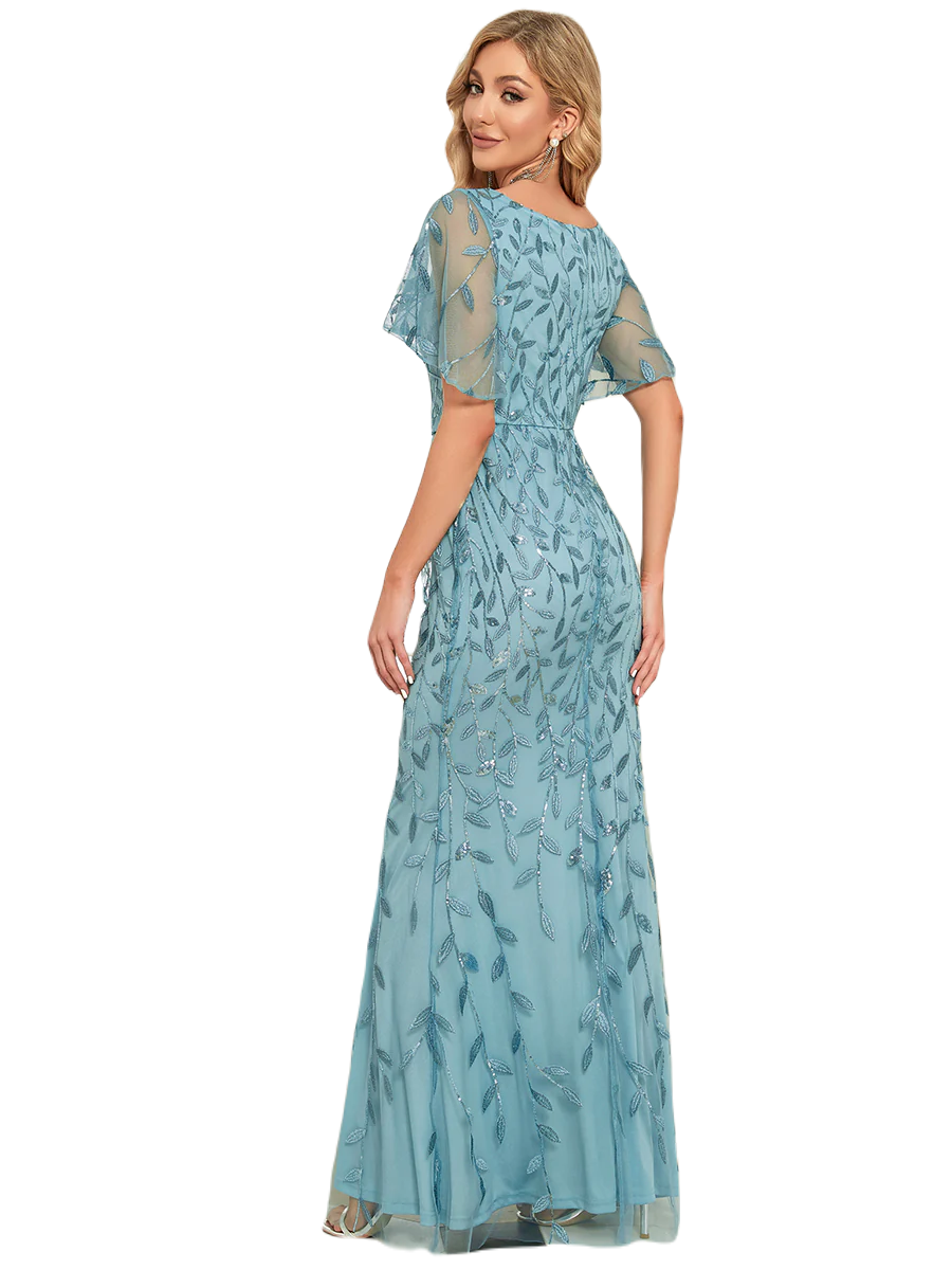 Vestido Elegante de Fiesta Largo Curvy Turquesa Dusty Sirena Lentejuela Manga Corta Cuello V T.Ch y Tallas Extra