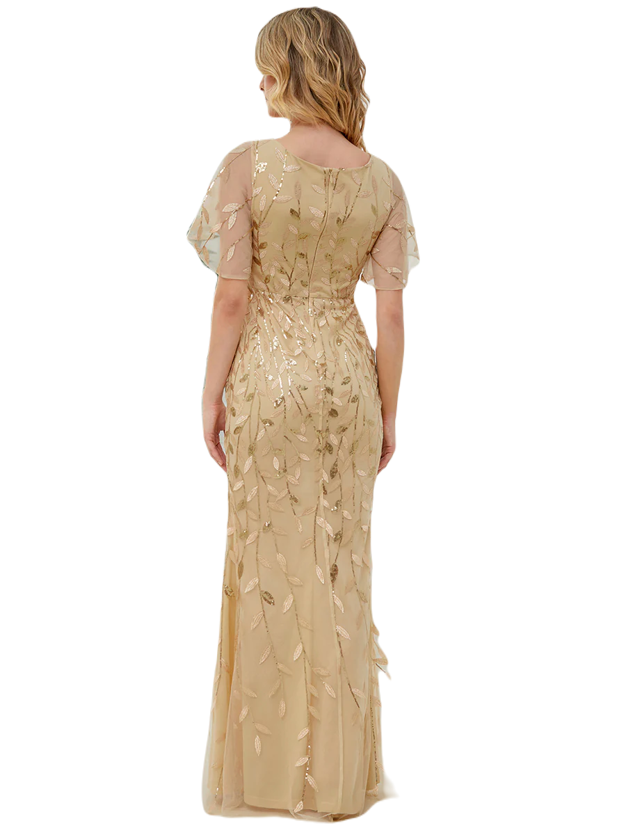 Vestido Elegante de Fiesta Largo Curvy Dorado Beige Sirena Lentejuela Manga Corta Cuello V T.Ch y Tallas Extra