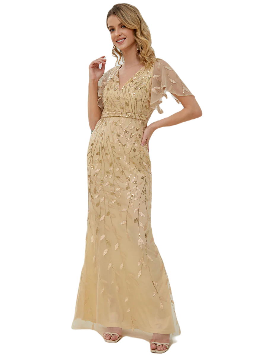 Vestido Elegante de Fiesta Largo Curvy Dorado Beige Sirena Lentejuela Manga Corta Cuello V T.Ch y Tallas Extra