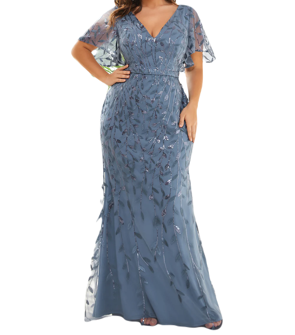 Vestido Elegante de Fiesta Largo Curvy Azul Acero Sirena Lentejuela Manga Corta Cuello V T.Ch y Tallas Extra